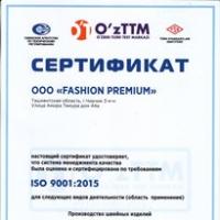 MCHJ “FASHION PREMIUM” ga yangi tahrirdagi ISO  9001:2015 standarti bo'yicha halqaro sifat menejment tizimi sertifikati topshirildi.